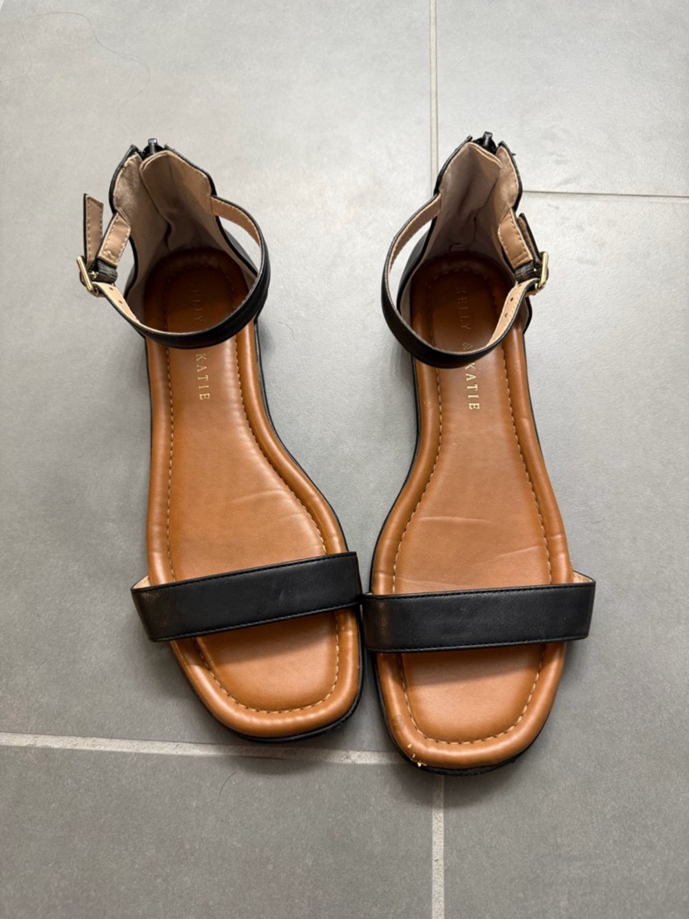 Kelly & Katie Black and Tan Ankle-Strap Flat Sandals